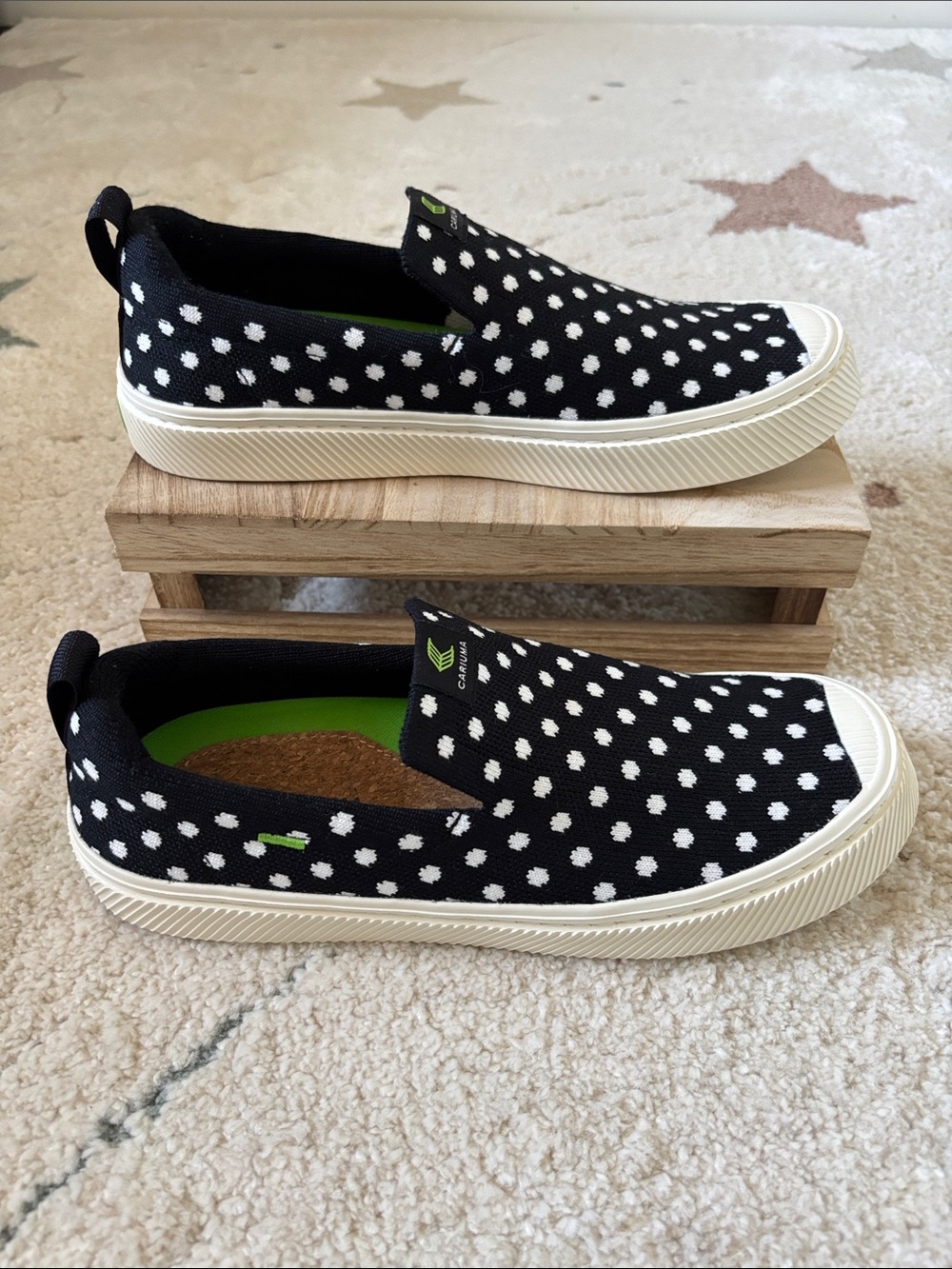 Cariuma IBI Slip-On Knit Sneakers in Black Polka Dot.